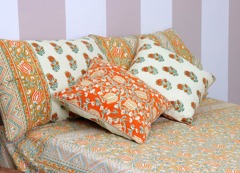 40s Cotton Pillow Cover in Lotus Block Print with Magji Flap